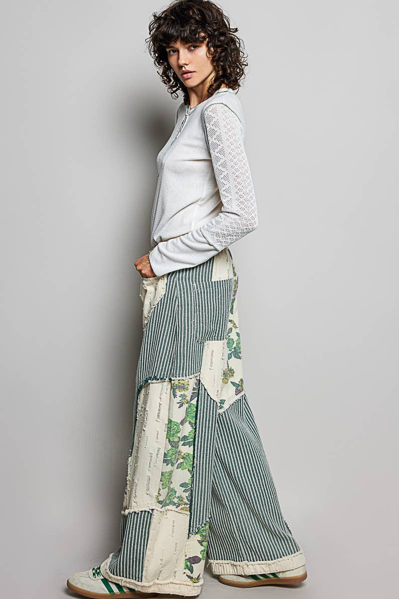 Stripe Patch Back Elastic Band Twill High Rise Wide Pants