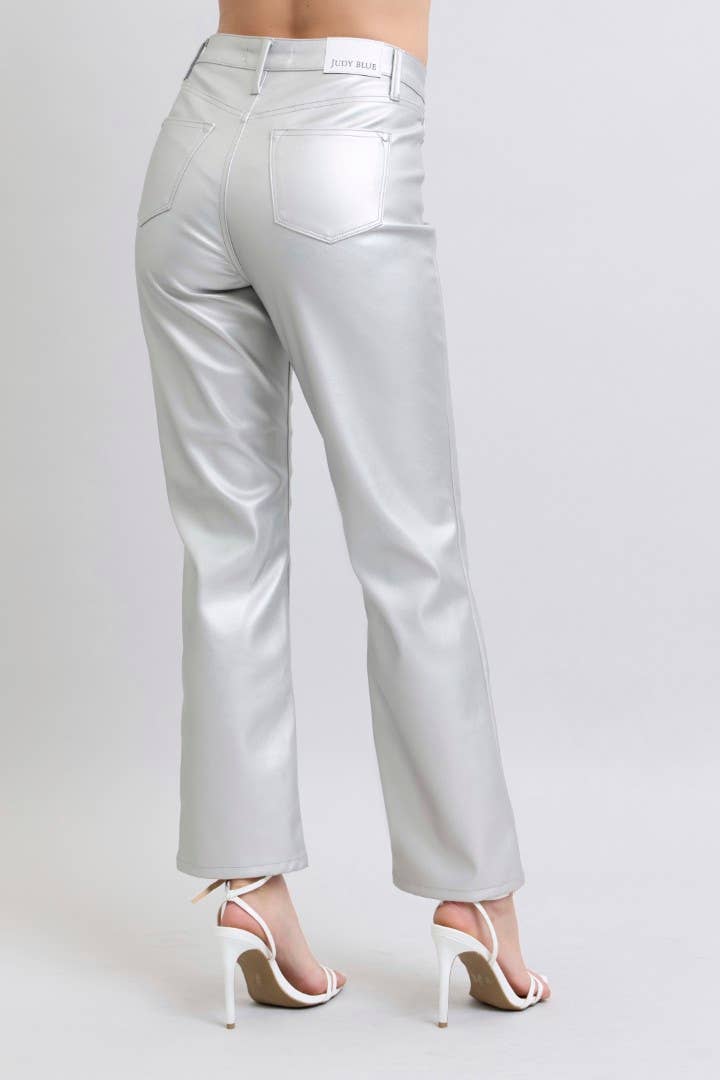 Tummy Control Metallic Silver Faux Leather Straight
