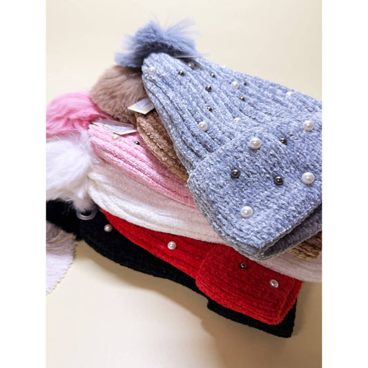 Pearl and Studs Detailed Chenille Beanies: ASSORTED COLOR