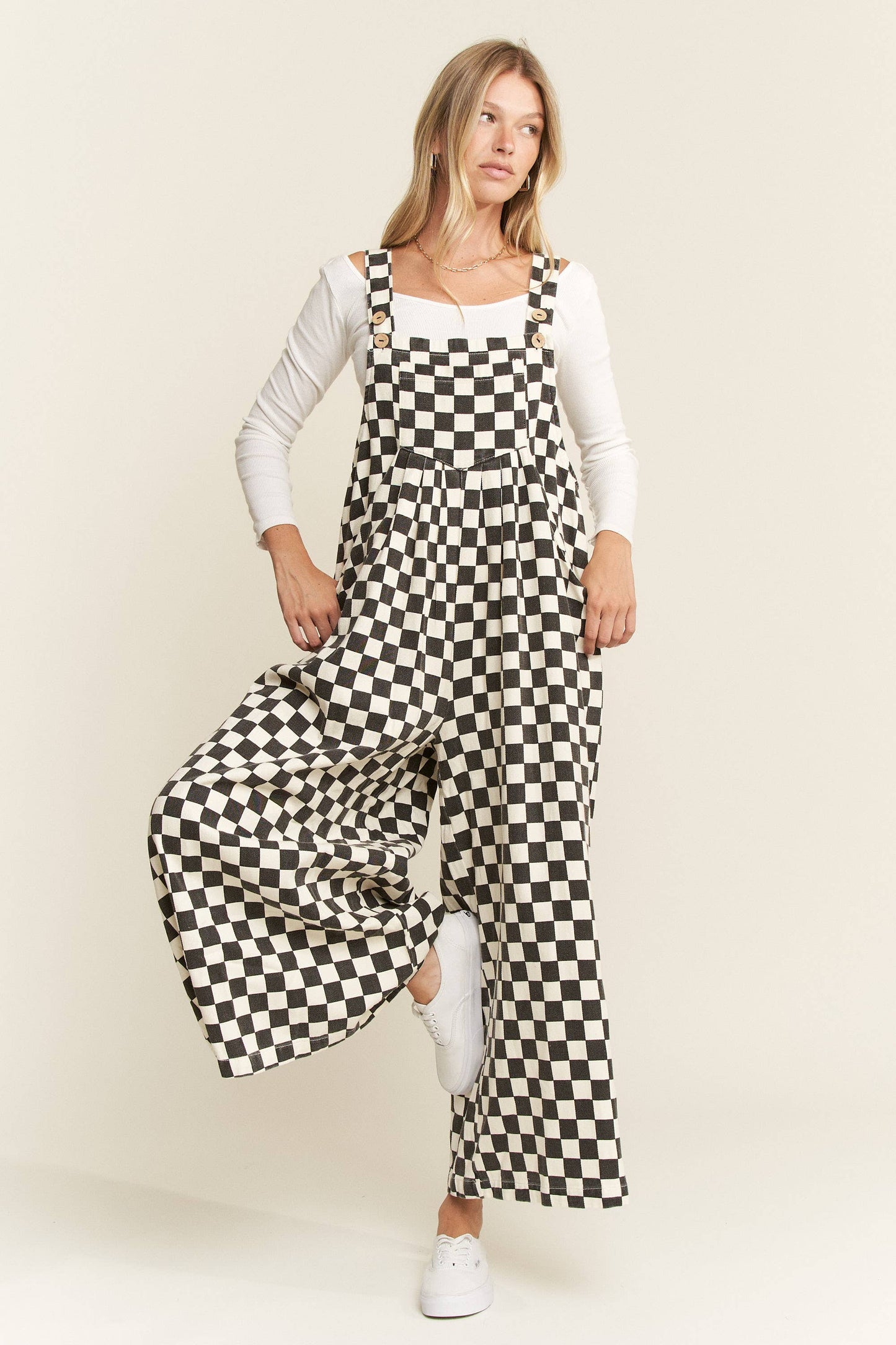 CHECKERED WIDE LEG OVERALLS: MOCHA/BLACK