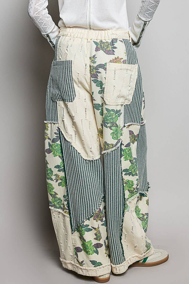 Stripe Patch Back Elastic Band Twill High Rise Wide Pants
