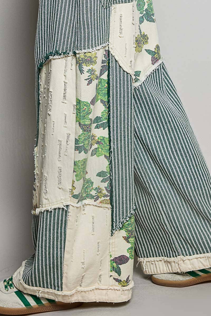 Stripe Patch Back Elastic Band Twill High Rise Wide Pants