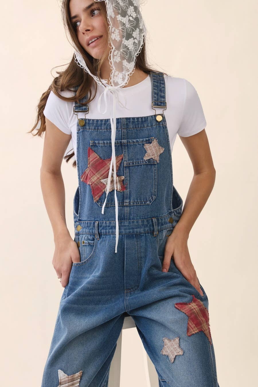 Star Patch Denim Barrel Overall: WASHED DENIM