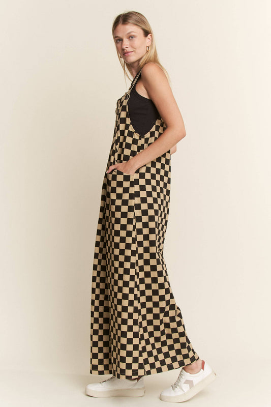 CHECKERED WIDE LEG OVERALLS: MOCHA/BLACK