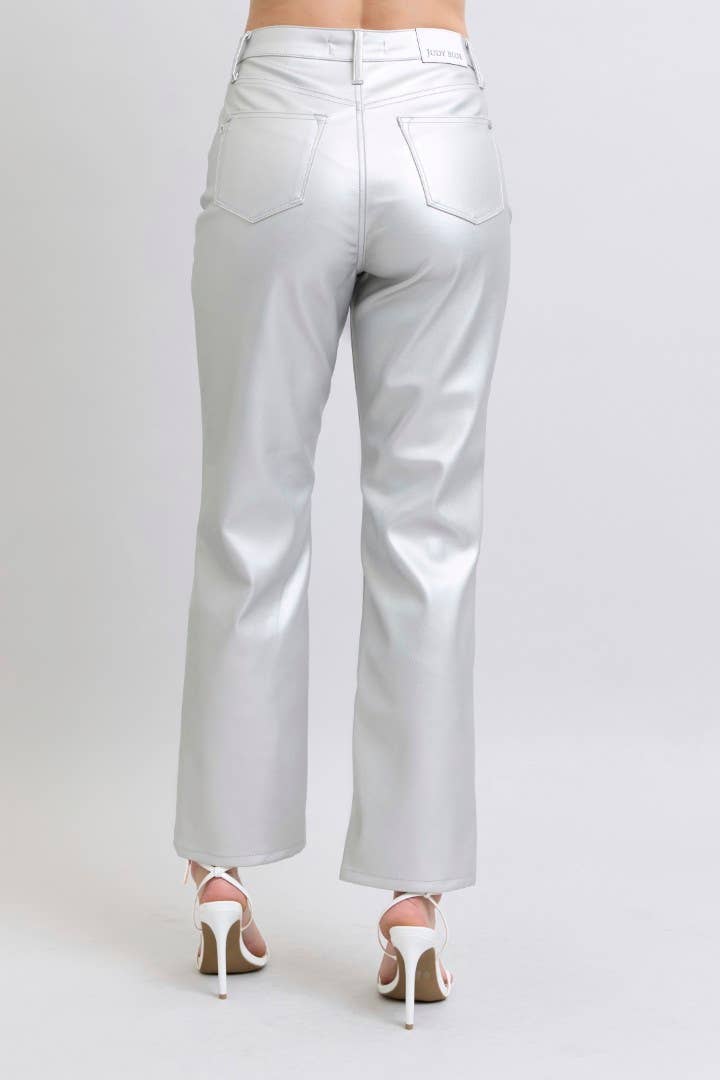 Tummy Control Metallic Silver Faux Leather Straight