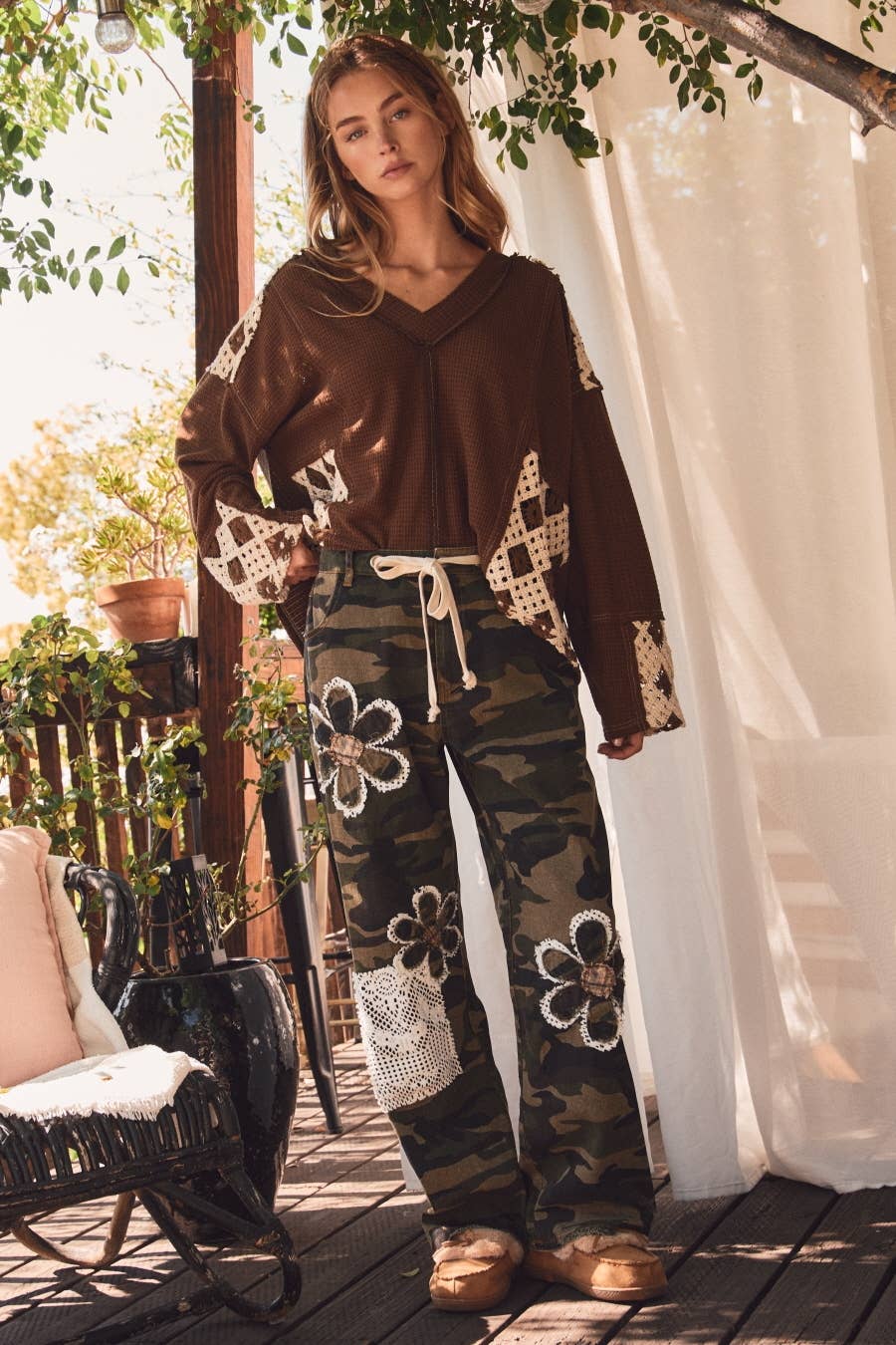 Plus Camouflage Print Drawstring Pants: WASHED CAMO