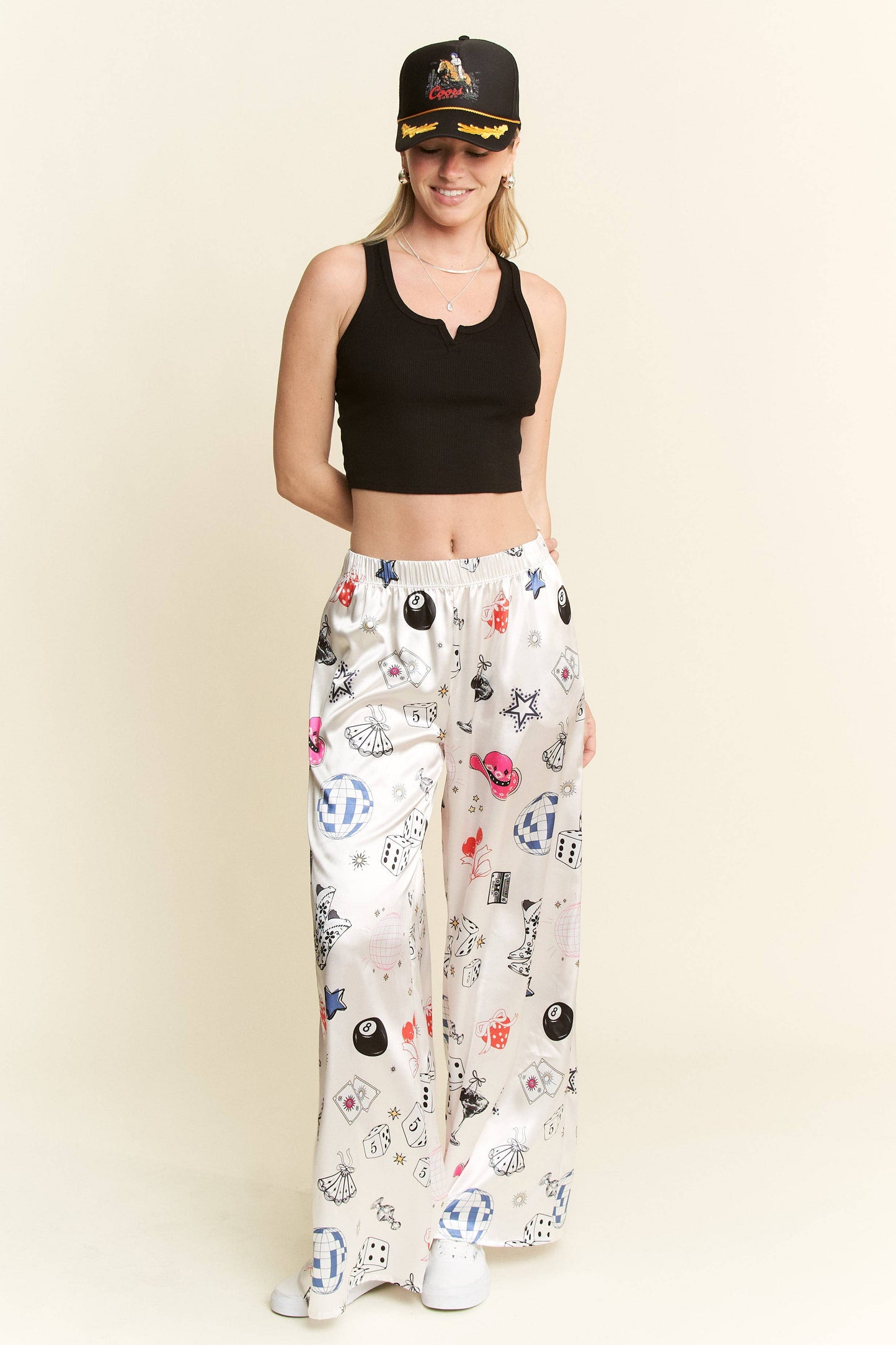 PARTY COLLAGE SATIN PANTS: Cream / L