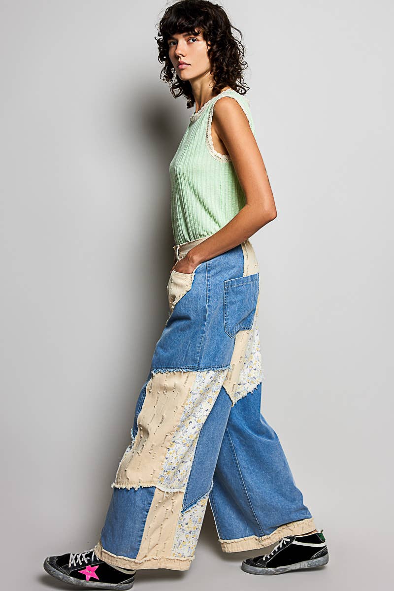 Stripe Patch Back Elastic Band Twill High Rise Wide Pants