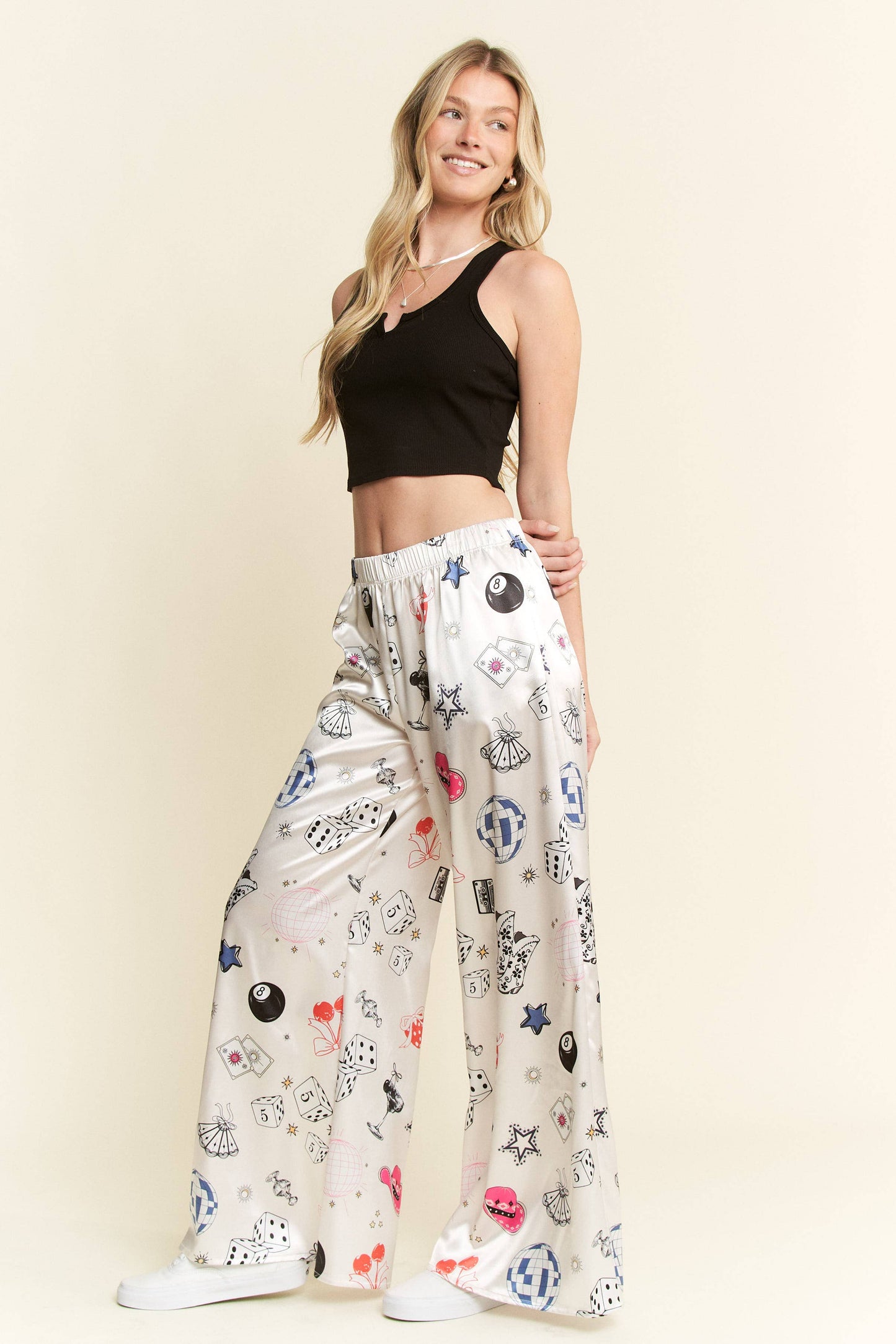 PARTY COLLAGE SATIN PANTS: Cream / L