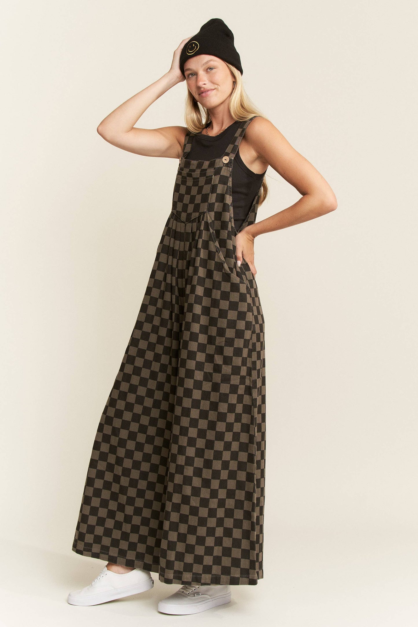 CHECKERED WIDE LEG OVERALLS: MOCHA/BLACK