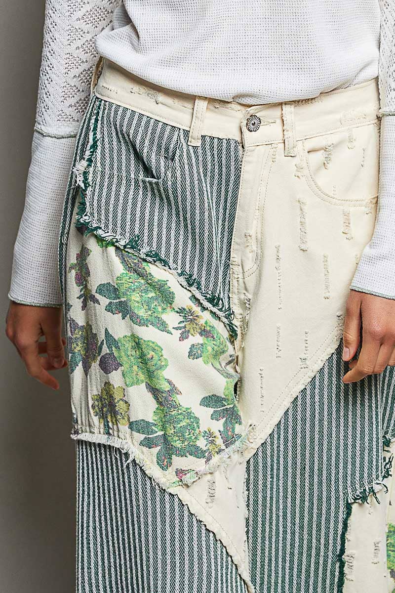 Stripe Patch Back Elastic Band Twill High Rise Wide Pants