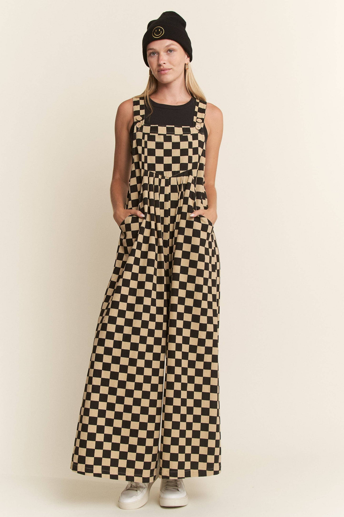 CHECKERED WIDE LEG OVERALLS: MOCHA/BLACK