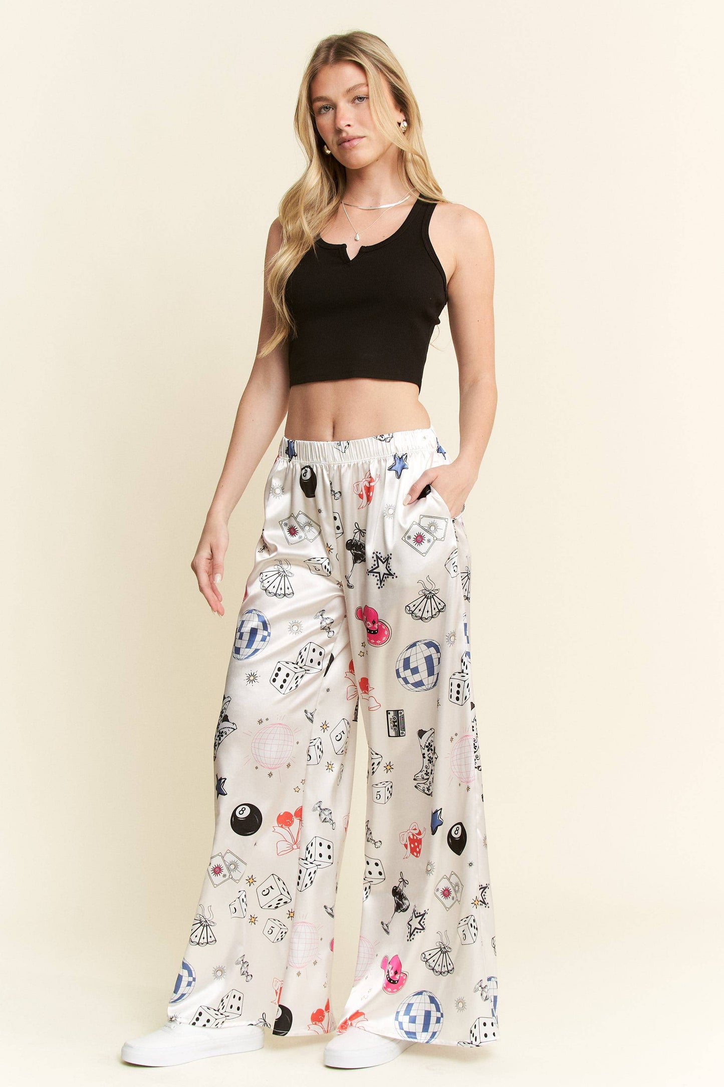 PARTY COLLAGE SATIN PANTS: Cream / M