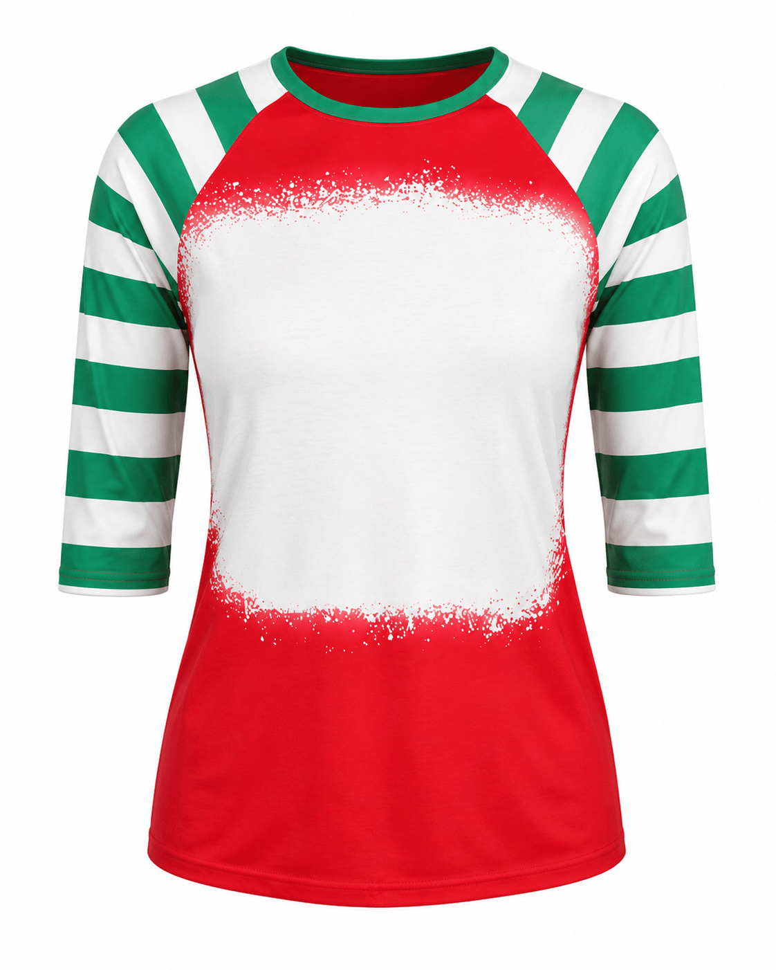 Red Green Candy Cane Raglan Blank Faux Bleached Top: Medium