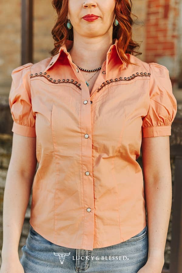 Peach Studded Contrast Embroidered Puff Button Down Shirt