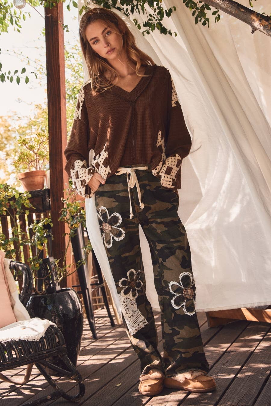 Camouflage Print Drawstring Pants: WASHED CAMO