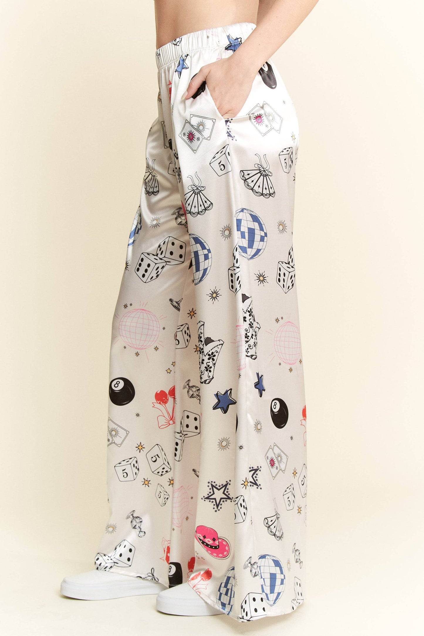 PARTY COLLAGE SATIN PANTS: Cream / L