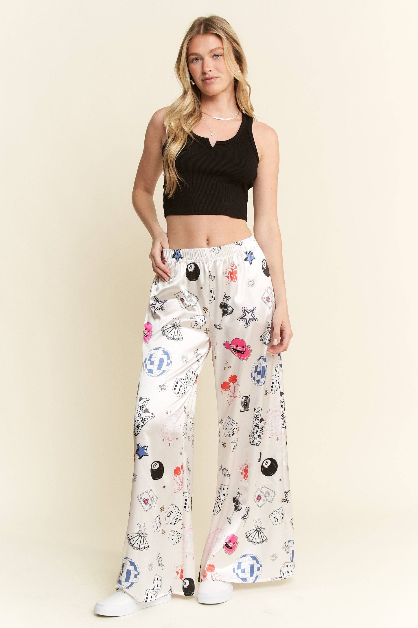 PARTY COLLAGE SATIN PANTS: Cream / M