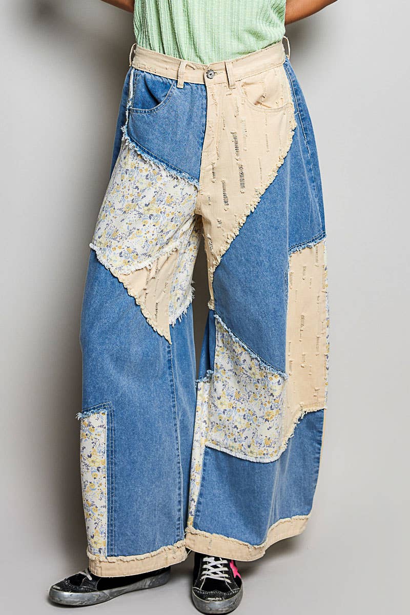 Stripe Patch Back Elastic Band Twill High Rise Wide Pants