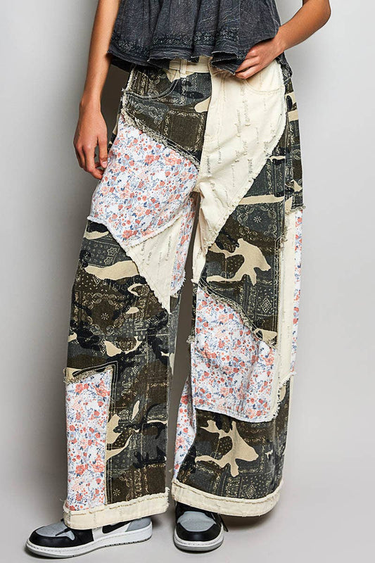 Stripe Patch Back Elastic Band Twill High Rise Wide Pants