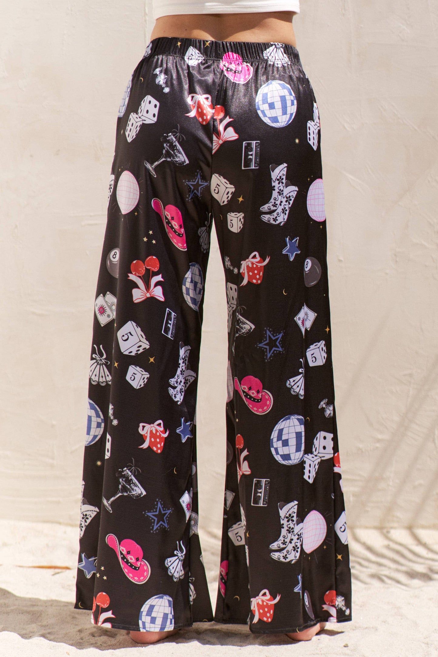 PARTY COLLAGE SATIN PANTS: Cream / L