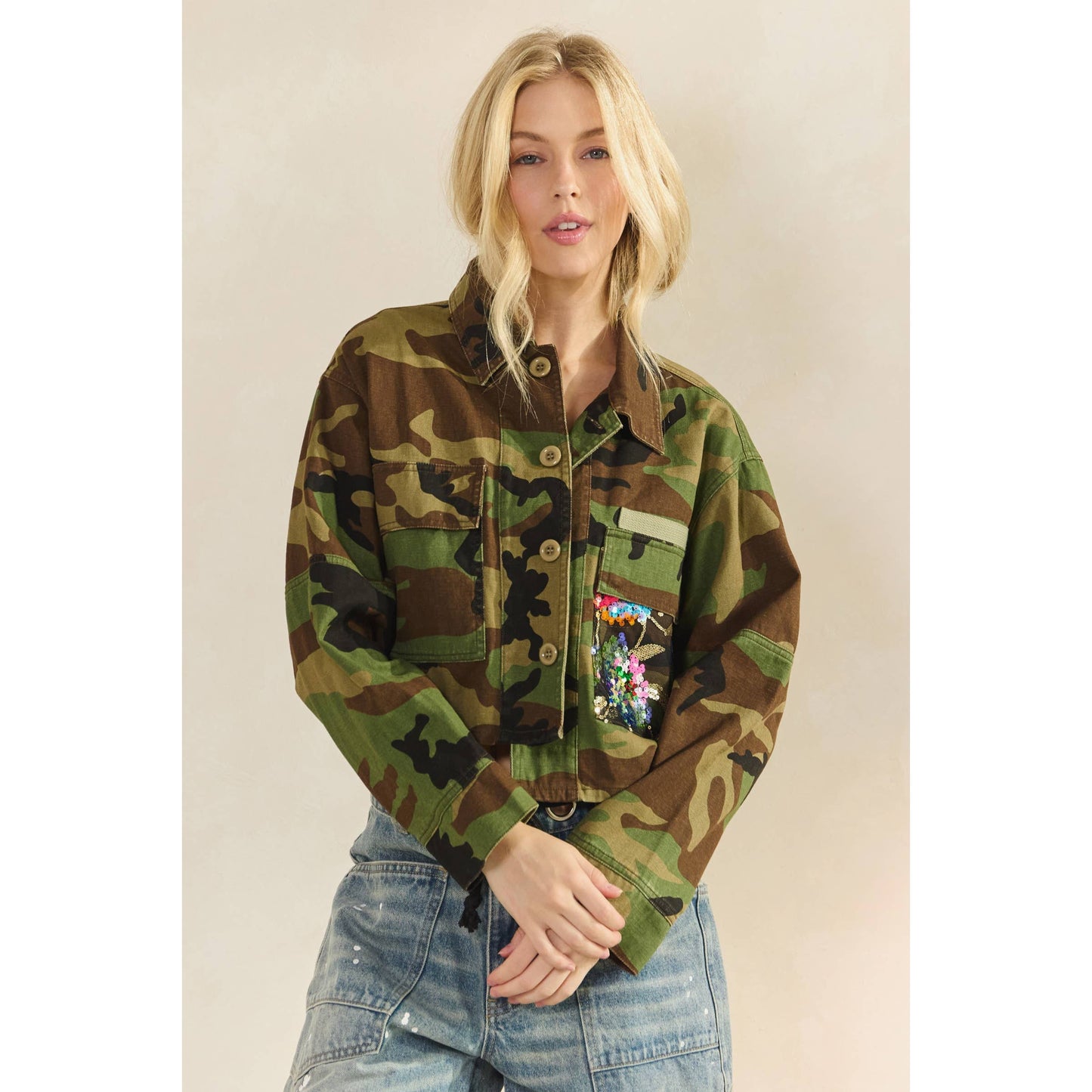 Camo Contrast Jacket: Camo Sequin