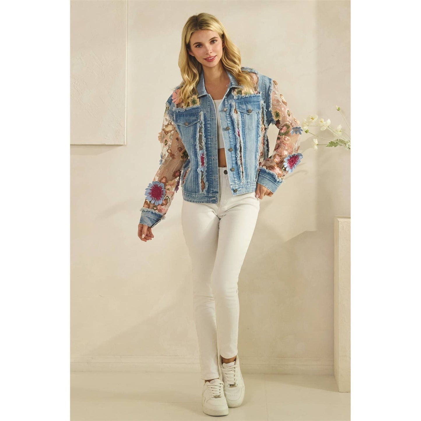 Denim Jacket with Floral Organza Inset