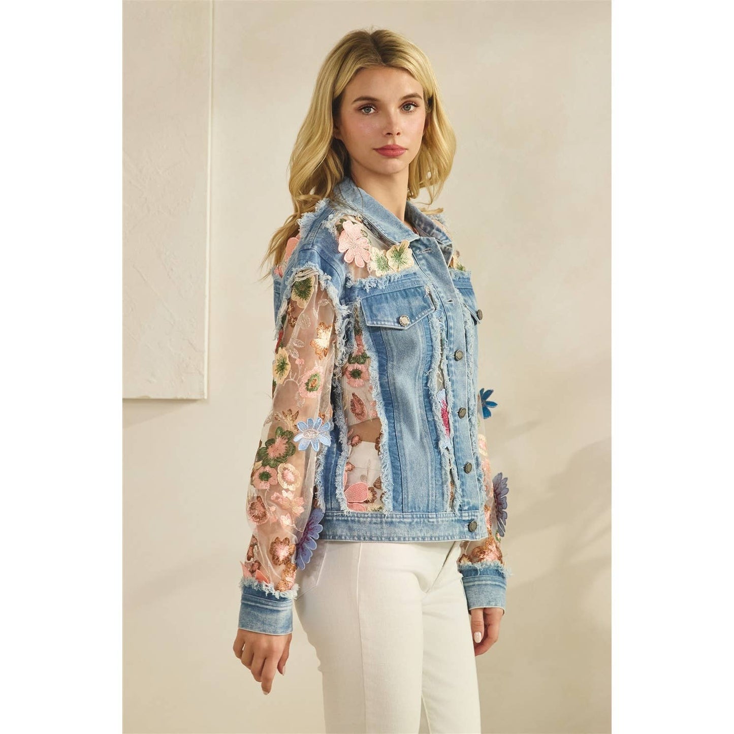 Denim Jacket with Floral Organza Inset