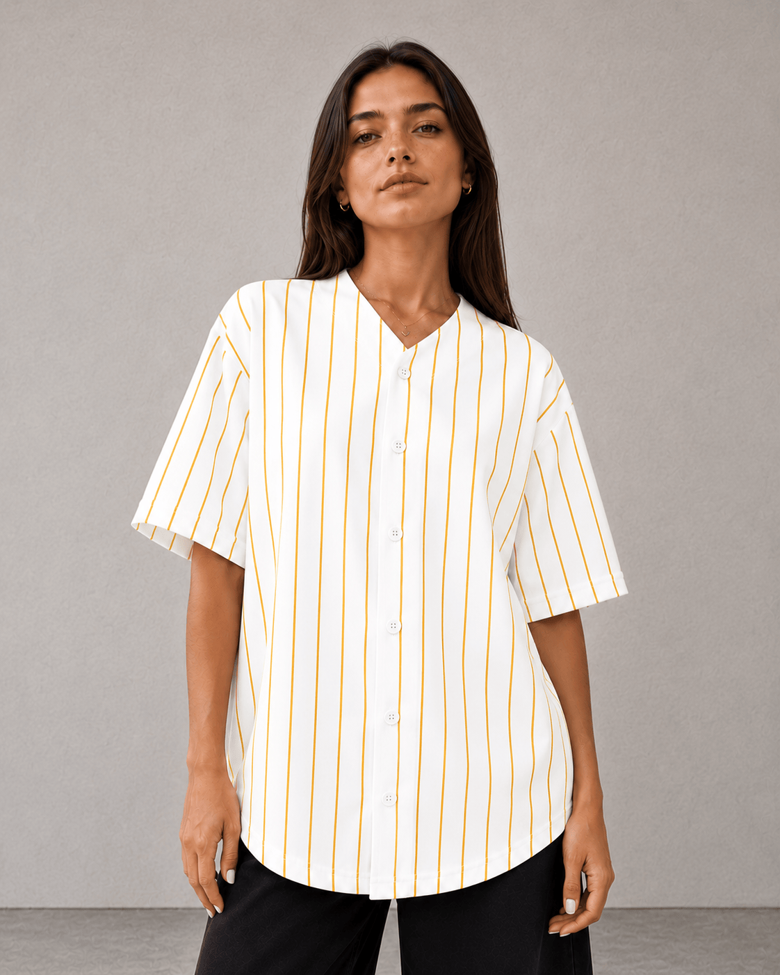 Adult Pinstripe Button-Down Baseball Jersey: White/Gold (Pinstripe) / Medium