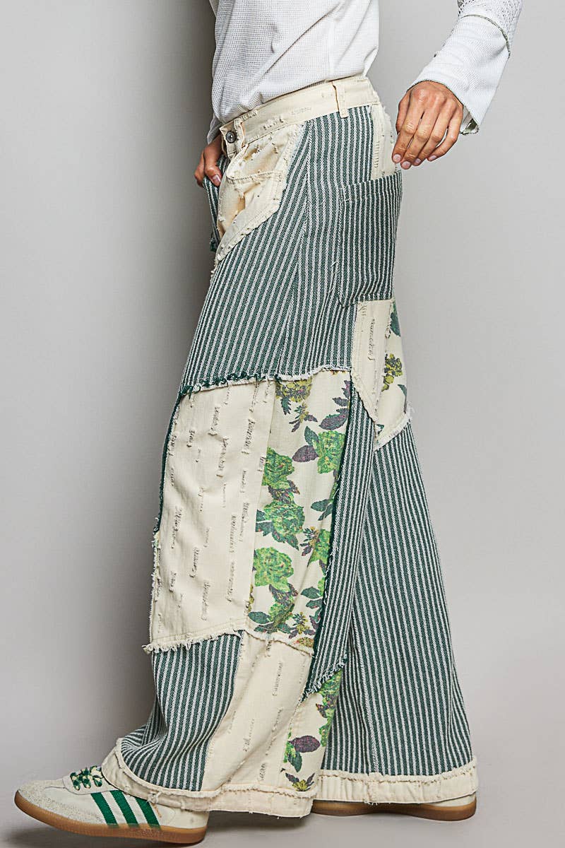 Stripe Patch Back Elastic Band Twill High Rise Wide Pants