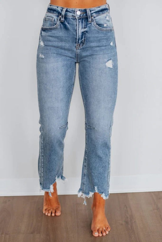 HIGH RISE CROP STRAIGHT DISTRESSED HEM JEANS 5621