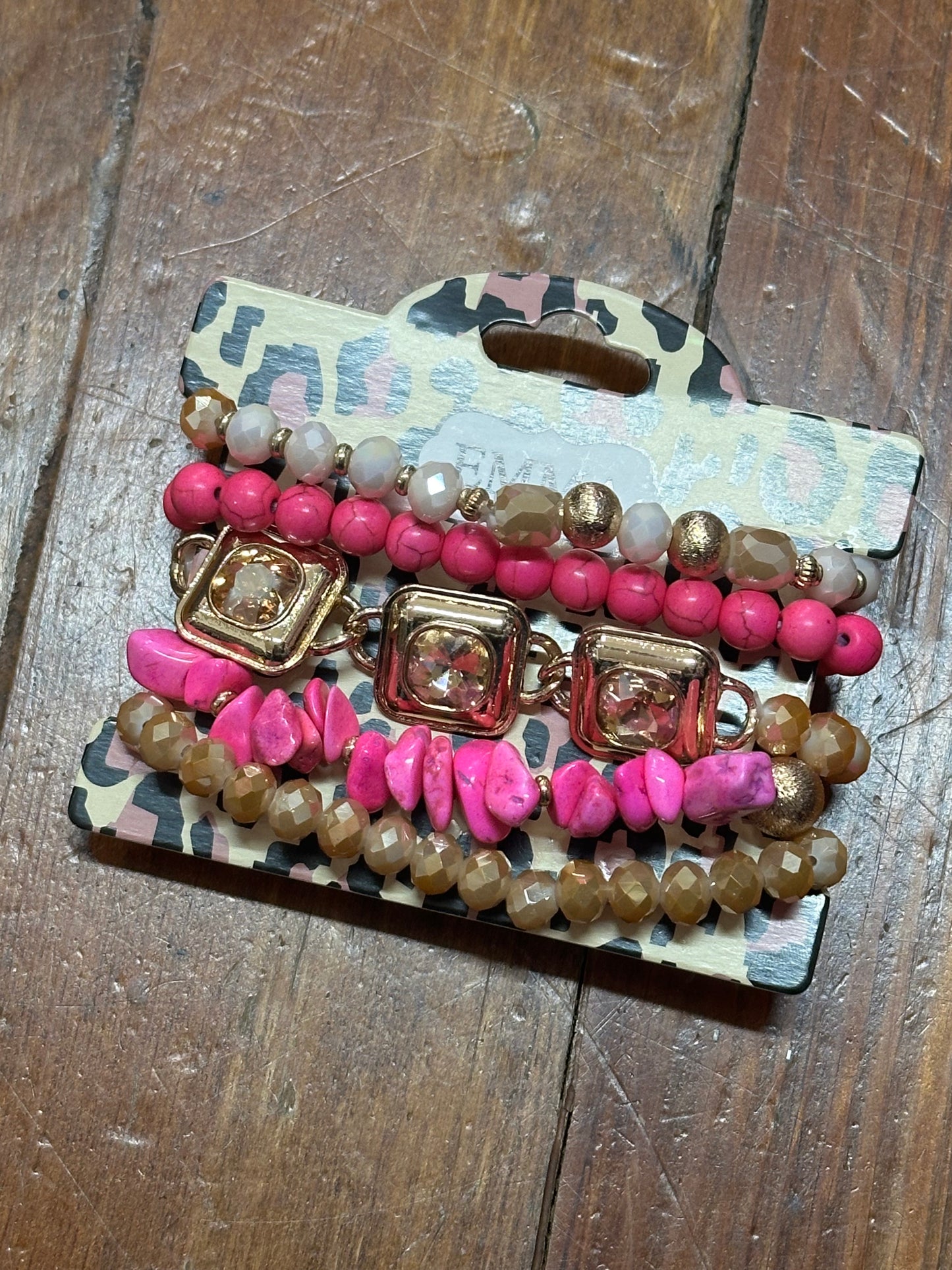 STACKED PINK, WHITE, GOLD BRACELETS