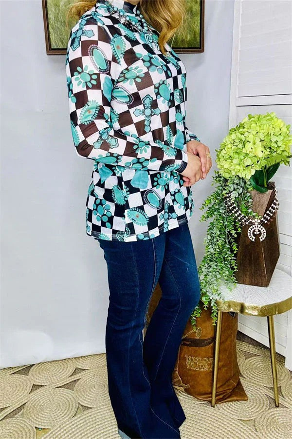 Turquoise Jewels & Checkered with long sleeves