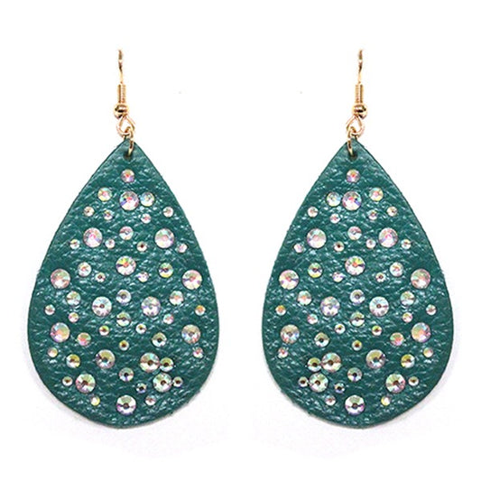 GENUINE LEATHER W/AB STONE EARRINGS - TEAL