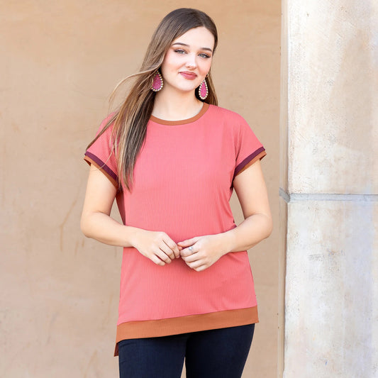 Round Neckline Ribbed Fabric Half Sleeve Top
