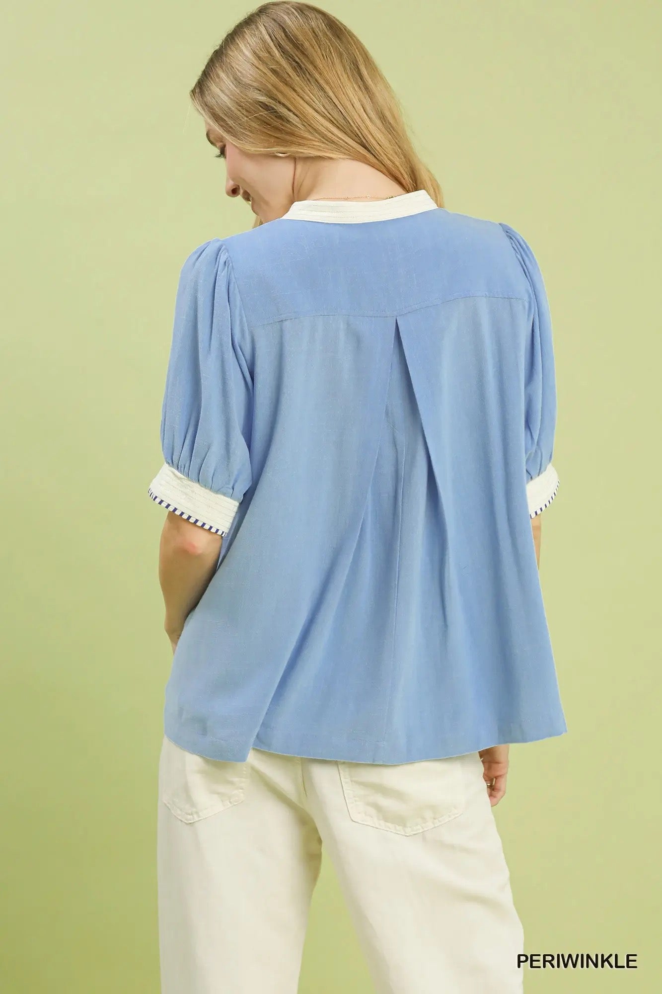 UMGEE Linen Blend Contrast Trim Top PERIWINKLE