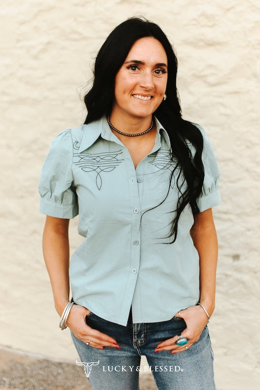 Turquoise Boot-stitch Embroidered Puff Short Sleeve Button Down Shirt