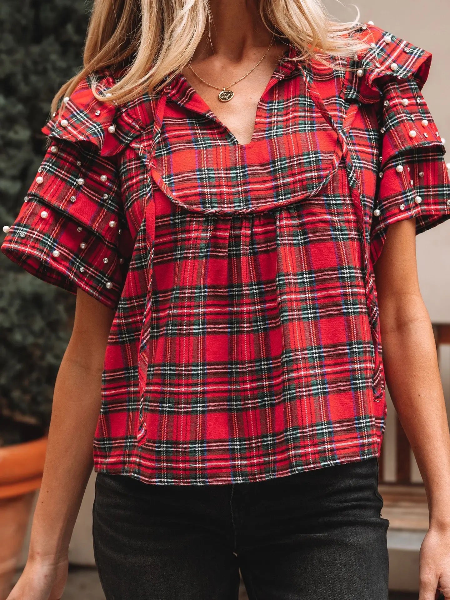 Festive Plaid Pearl Embellished Ruffle Short Sleeve Blouse