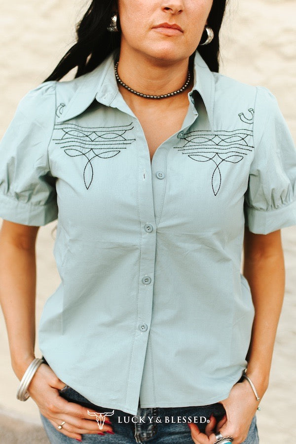 Turquoise Boot-stitch Embroidered Puff Short Sleeve Button Down Shirt