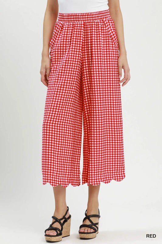 Gingham Wide Leg Scallop Hem Crop Pants