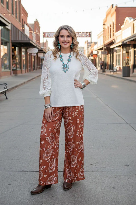 WESTERN PATTERN PRINT WIDE LEG PANT