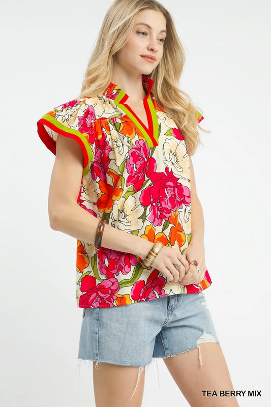 TEA BERRY MIX Floral Print Blouse with Contrast Trim