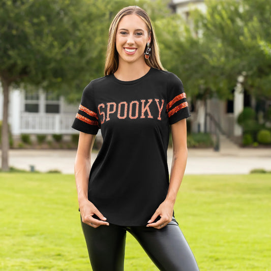SPOOKY Halloween Half Sleeve Top with Sequin Accents