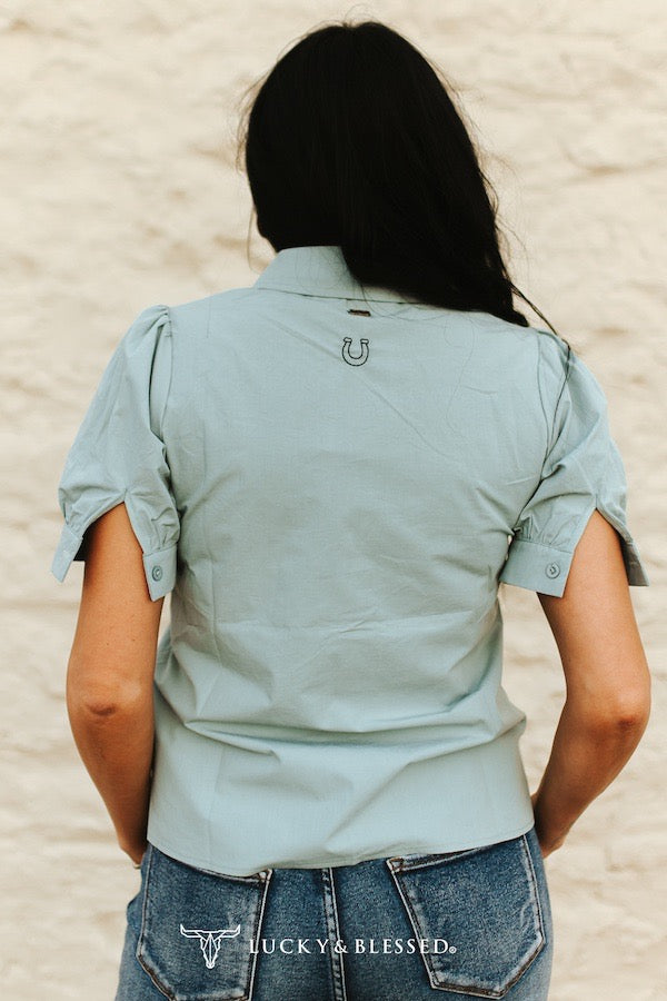 Turquoise Boot-stitch Embroidered Puff Short Sleeve Button Down Shirt
