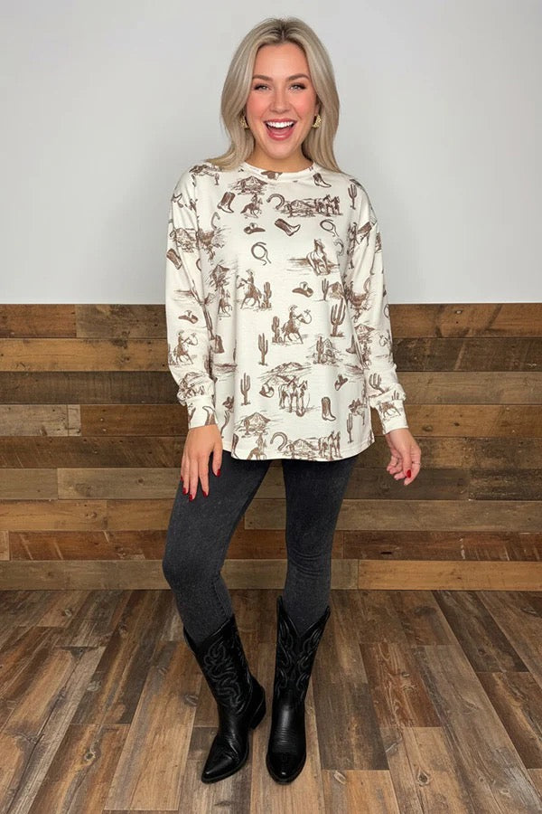 Western riding & cactus printed long sleeve