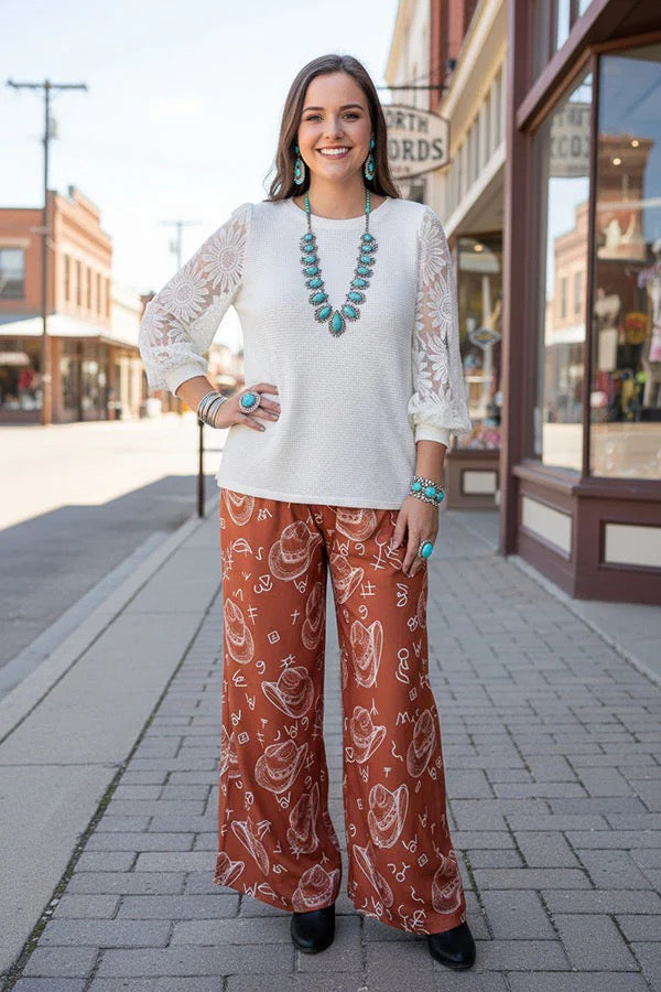 WESTERN PATTERN PRINT WIDE LEG PANT