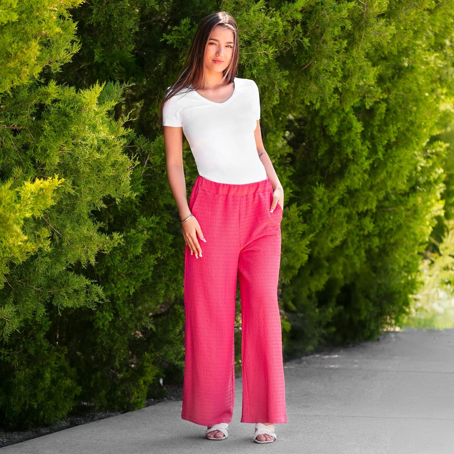 Wide Leg Textured Pants with Pockets