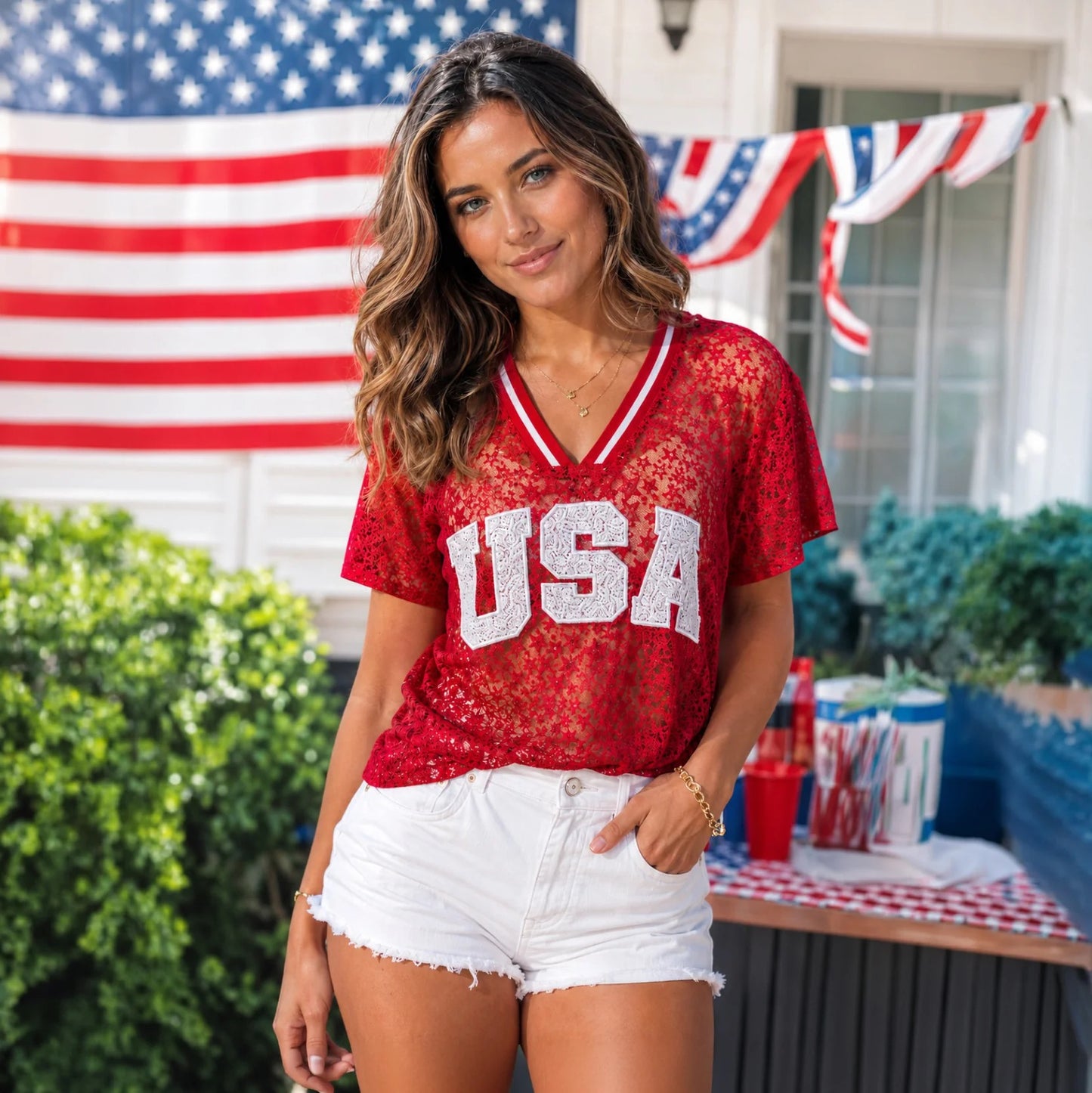 USA Sequin Lace Short Sleeve
