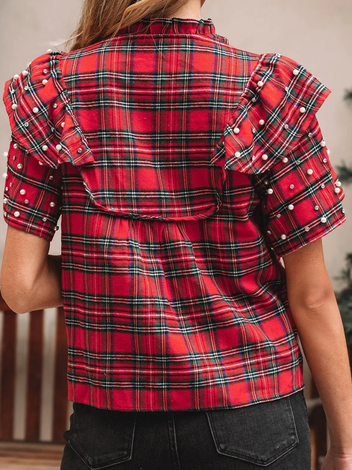 Festive Plaid Pearl Embellished Ruffle Short Sleeve Blouse