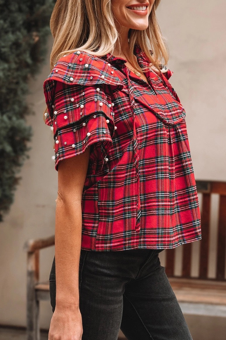 Festive Plaid Pearl Embellished Ruffle Short Sleeve Blouse